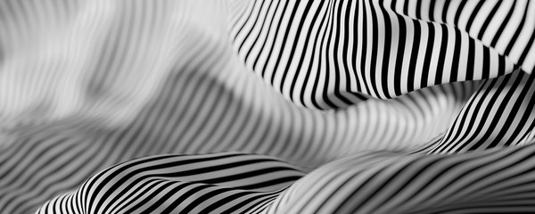 Abstract striped surface, black and white original 3d rendering