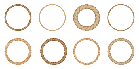 Round rope borders set. Circle vintage frames. Vector design elements.