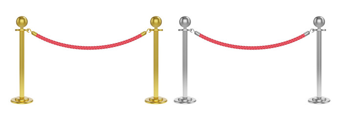 Realistic velvet rope barrier with golden and silver poles. Isolated vector illustration. © Vitaly