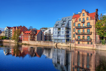 houses on the Pegnitz river shore in Nuremberg Germany 