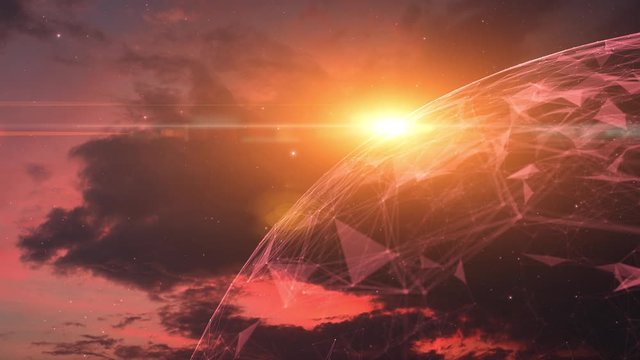 Artistic cyberspace globe on dark red clouds time lapse background.