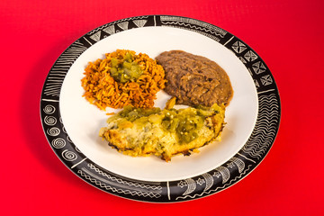 Enchiladas Verde in High Contrast red, black and white Graphics with Red BG and copy space.