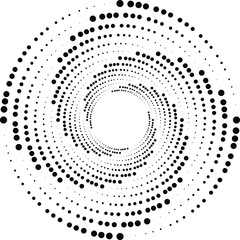 Abstract halftone dots in spiral form. Geometric dotted shape. Monochrome background. Design element for prints, web pages, template, logos and textile pattern