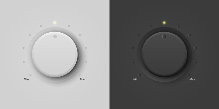 Vector 3d Realistic White and Black Plastic Knob Icon Set. Design Template of Circle Button Closeup. Circular processing, Power Volume Playback Control, Mininmum, Maximum. Stock Vector Illustration