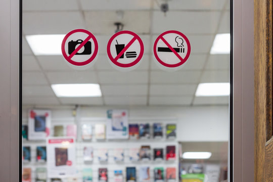 prohibition signs no photo no food and no smoking. stickers shop rules