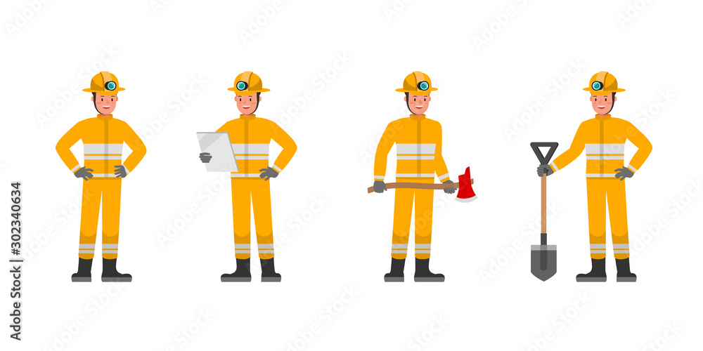 Poster firefighter character vector design. presentation in various action.