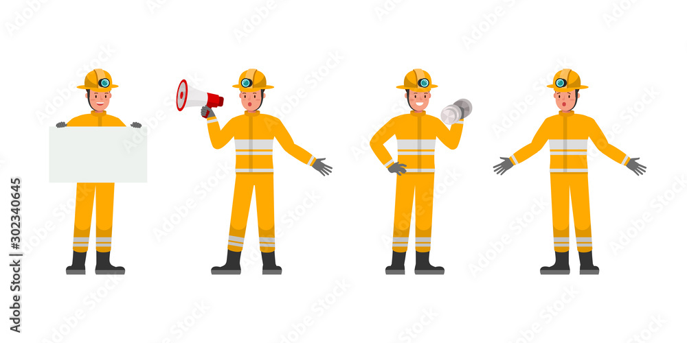 Poster firefighter character vector design. presentation in various action. no2