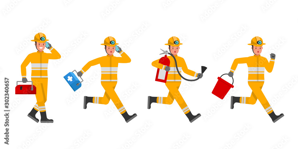 Poster firefighter character vector design. presentation in various action. no5