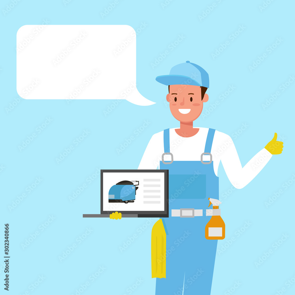 Poster janitor with chat bubbles character vector design.