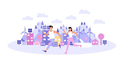 Happy man and woman jogging in city park. Character vector design.