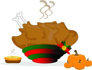 dinner set for thanksgiving and Christmas with roast turkey in Christmas plate pie and pumpkin