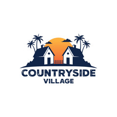 two cottage face up each other in the island of country side village with sunset behind vector logo design