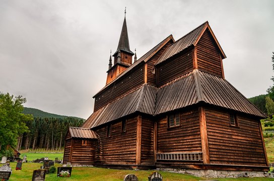 Low angle shot of the Kaupanger Stave Church in Kaupanger, Norway