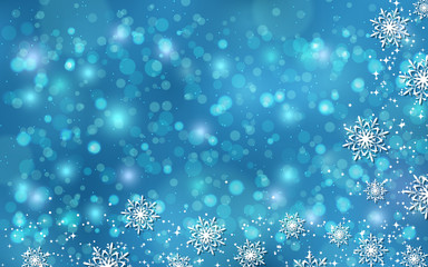 Christmas and New Year abstract blurred vector background with stars, snowflakes and bokeh effect