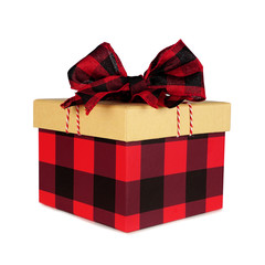 Red and black buffalo plaid Christmas gift box with lid and bow. Side view isolated on a white...