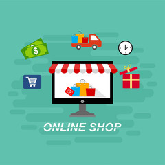 Online shopping concept desktop with computer, table, shopping bags, credit cards, coupons and products. Vector illustration for web banner, business presentation, advertising material.