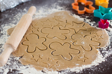 making christmas gingerbread cookies in a kitchen