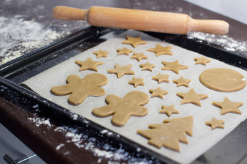 making christmas gingerbread cookies in a kitchen