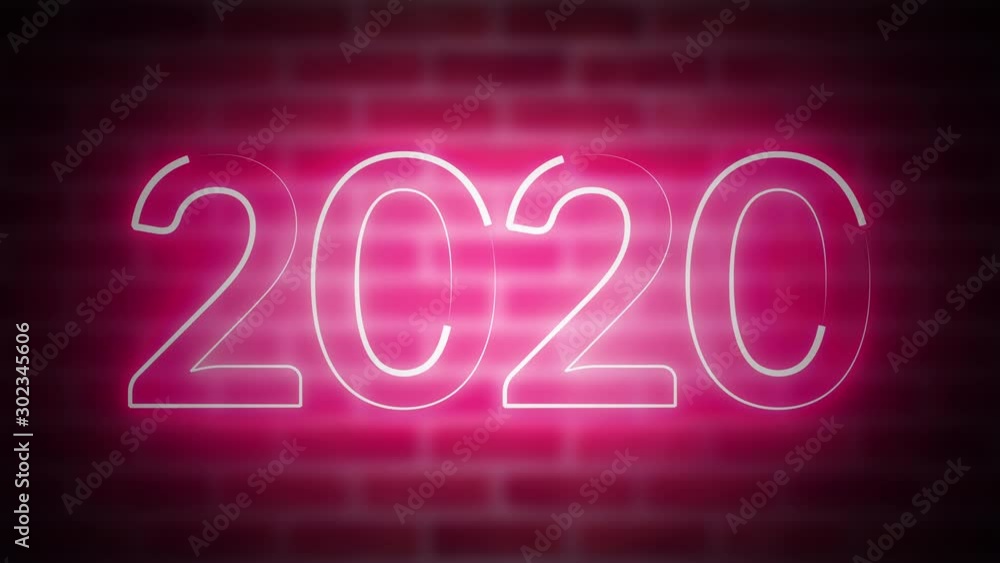 Poster new year neon sign 2020 on a background of brickwork, computer generated. 3d rendering of christmas 
