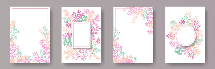 Simple herb twigs, tree branches, flowers floral invitation cards templates. Plants borders retro invitation cards with dandelion flowers, fern, lichen, olive branches, sage twigs.