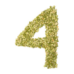 Arabic numeral "4"   from freshly  green chopped peas  on a white isolated background. Food pattern made from peas. bright  numeral for design. pea cereal