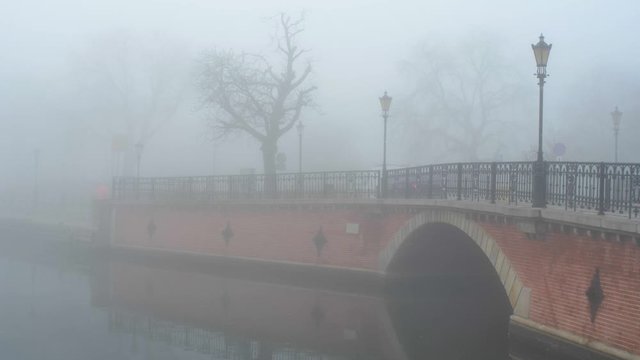 Brick Bridge in Foggy Morning in Gdansk, Poland