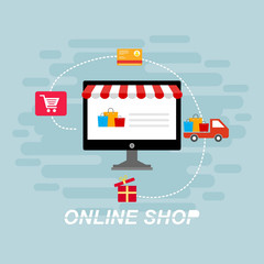 Fototapeta premium Online shopping app: gifts, shopping items, credit cards and discount. easy to use and highly customizable. Modern vector illustration