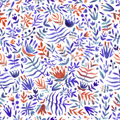 Seamless pattern of hand made watercolor leaves and flowers. PolkaDot background with cute watercolor elements for design, nursery, baby and kids products