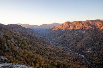 View from Chimney Rock of Hickory Nut Gorge, North Carolina at Sunset in the Fall
