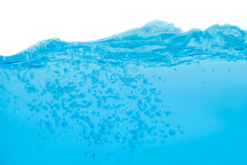 Water splash and air bubbles isolated over white background. Blue water wave hydrate abstract art and splash craft are drop, liquid bubble flow fresh and splashing for copy space text World Water Day.