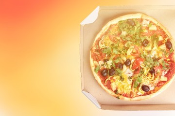 Pizza delivery black box packaging on yellow background