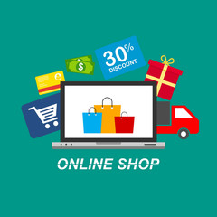 Online shop and Digital marketing vector illustration flat design for M-Commerce, easy to use and highly customizable.