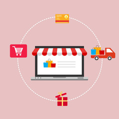 Online store concept on laptop screen for M-Commerce, easy to use and highly customizable. Modern vector illustration concept, isolated on colored background.