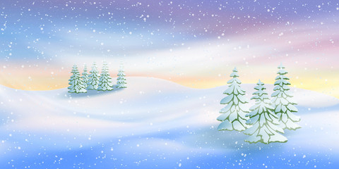Festive Christmas background. Snow landscape, forest and blizzard. Sunset light.