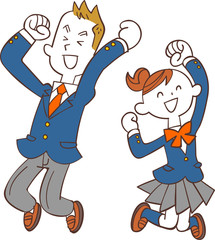 喜んでジャンプする男女の学生