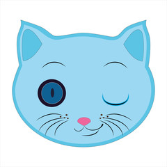 Flat drawing of a cat. An Emoji that winks with one eye. The face of a blue cat. Signs and symbols of the cat. Vector