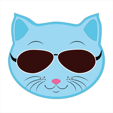Flat drawing of a cat . An Emoji of a blue cat's face in sunglasses.. Signs and symbols of the cat. Vector