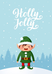 Smiling Santa elf Christmas character vector background cartoon style vector illustration with hand drawn lettering.