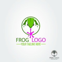 The frog logo with frog sticking out tongue concept. flat green frog vector illustration.