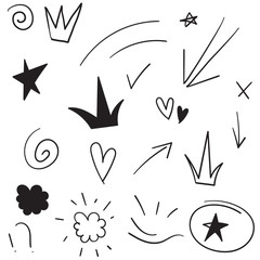 Swishes, swoops, emphasis doodles. Highlight text elements, calligraphy swirl, tail, flower, heart, graffiti crown.doodle hand drawn cartoon line art style