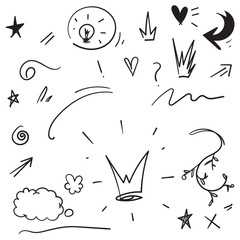 Swishes, swoops, emphasis doodles. Highlight text elements, calligraphy swirl, tail, flower, heart, graffiti crown.doodle hand drawn cartoon line art style
