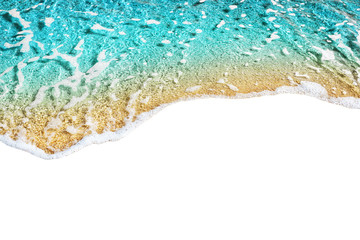 Blue sea wave tide pattern on white background isolated closeup top view, turquoise ocean water...
