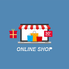 Online shopping laptop icon . Flat design people and technology concept. Vector illustration for web banner, business presentation, advertising material.