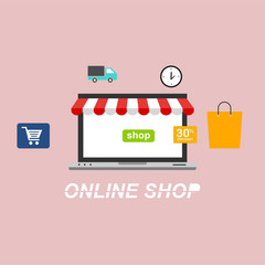 Online shopping laptop icon . Flat design people and technology concept. Vector illustration for web banner, business presentation, advertising material.