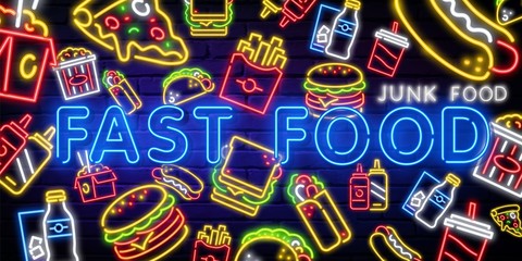 Food and drink neon sign. Fast junk Food vector set. Big Burger, Hot Taco, Hot Pizza, Hot Dog. Neon sign, bright signboard, light banner. shine panel