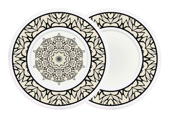 Matching decorative plates for interior designwith floral art deco pattern. Empty dish, porcelain plate mock up design. Vector illustration. White, grey color