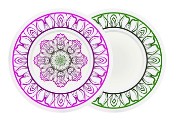 decorative plates for interior design. Empty dish, porcelain plate mock up design. Vector illustration. Decorative plates with Mandala ornament patterns. Home decor background