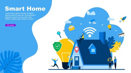 Concept home with technology system.Smart home control concept with Tiny People Character Concept Vector Illustration, Suitable For web landing page,Wallpaper, Background,banner,Book Illustration