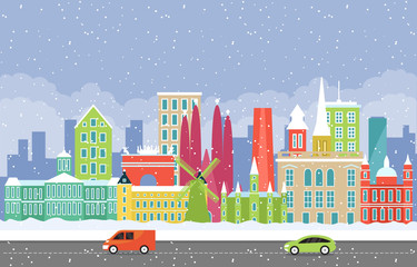 Winter Snow in Europe City Cityscape Skyline Landmark Building Illustration