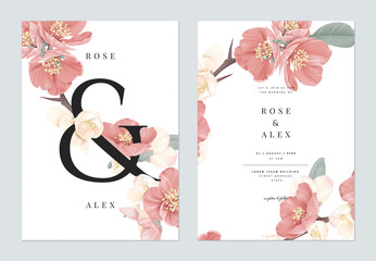 Szablon zaproszenia karta kwiatowy ślub, różowe kwiaty pigwy japońskiej z literą ampersand na białym, pastelowym stylu vintage - 302357050